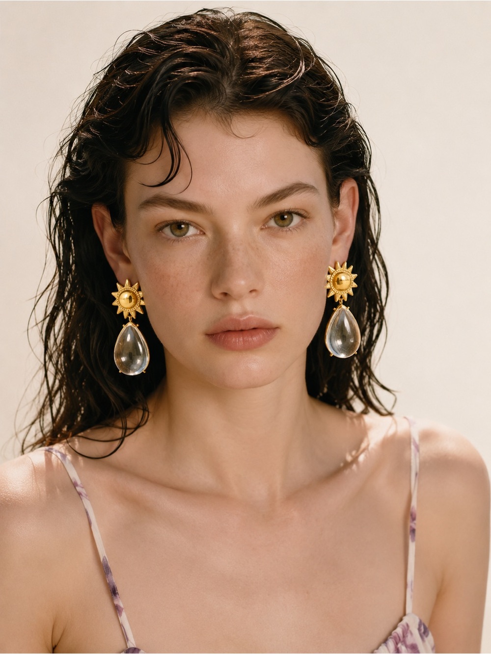 Golden Sunburst Clear Teardrop Earrings